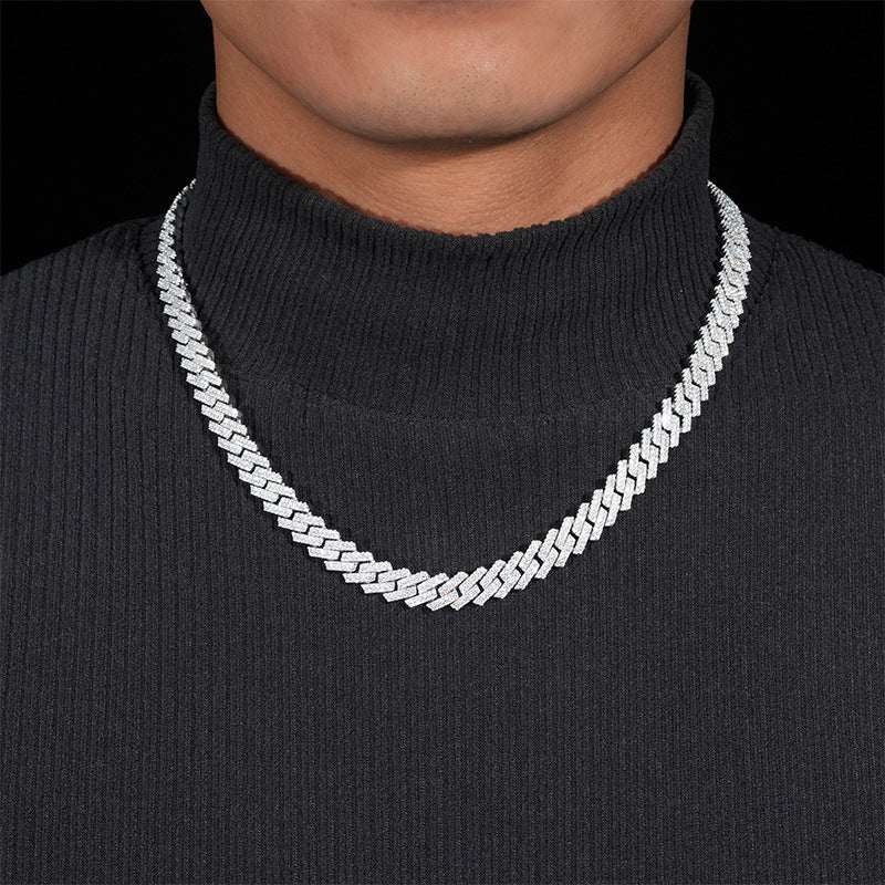 10mm Moissanite Pave Diamond-Shaped Cuban Chain (925 Silver)