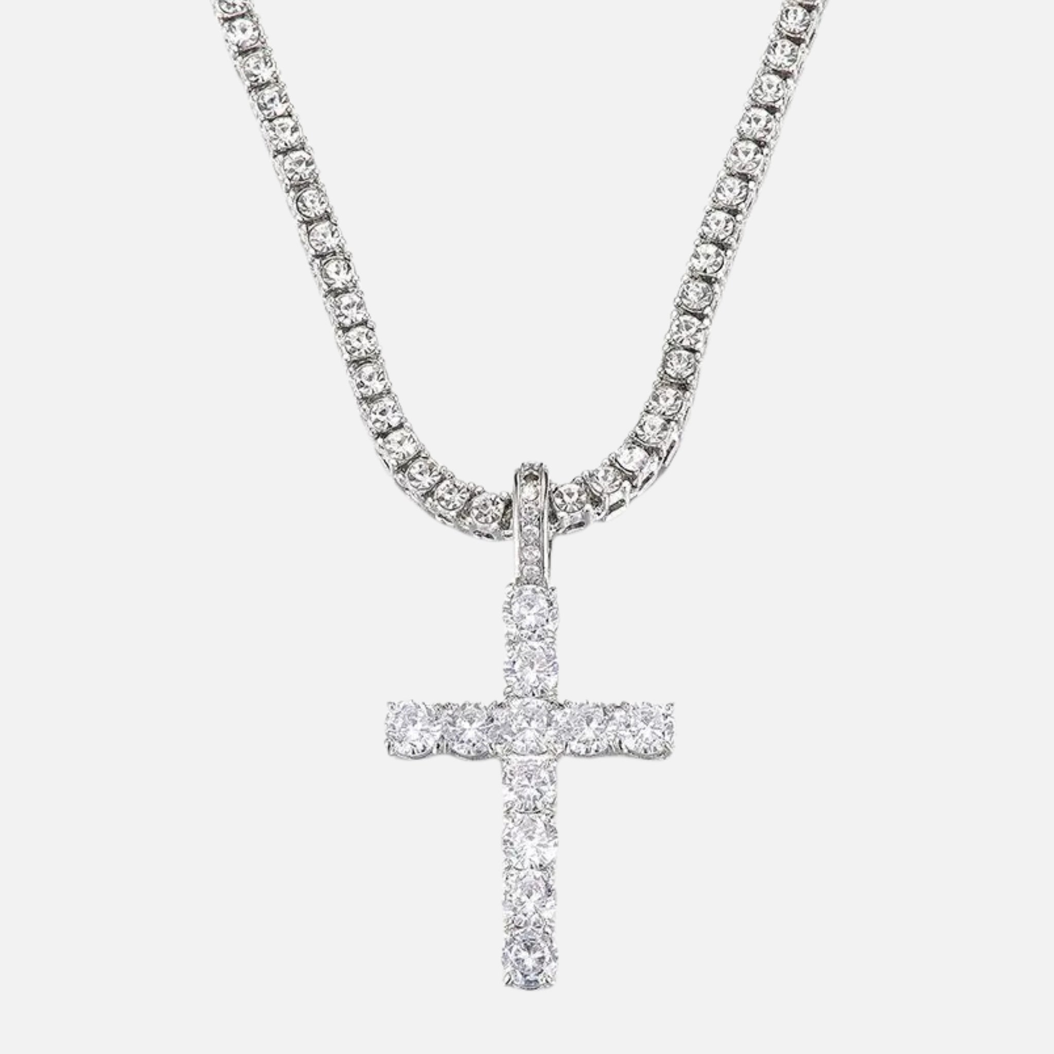 ICED CROSS PENDANT CHAIN - SILVER