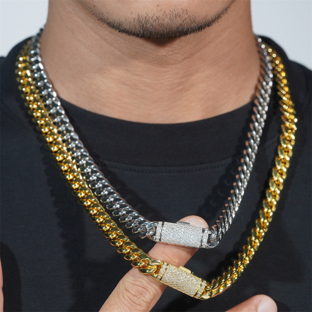 8mm 316L Stainless Steel Cuban Chain with 925 Silver Moissanite Clasp D Color VVS Moissanite