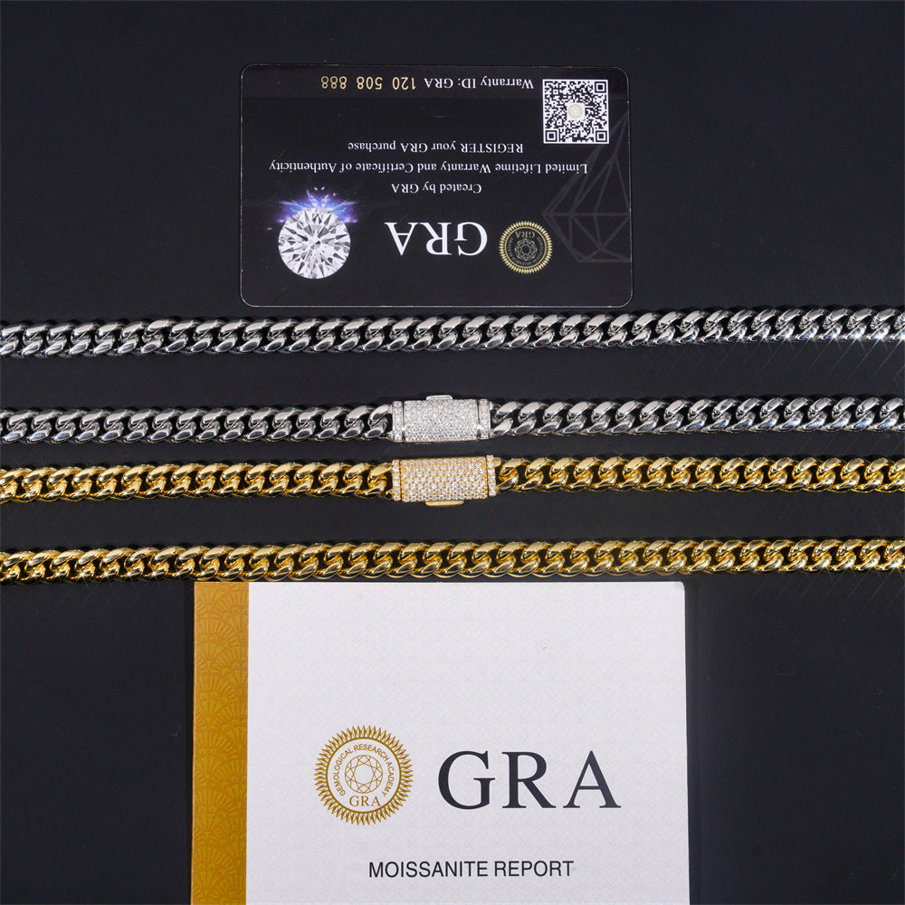 8mm 316L Stainless Steel Cuban Chain with 925 Silver Moissanite Clasp D Color VVS Moissanite