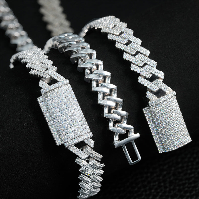 10mm Moissanite Pave Diamond-Shaped Cuban Chain (925 Silver)