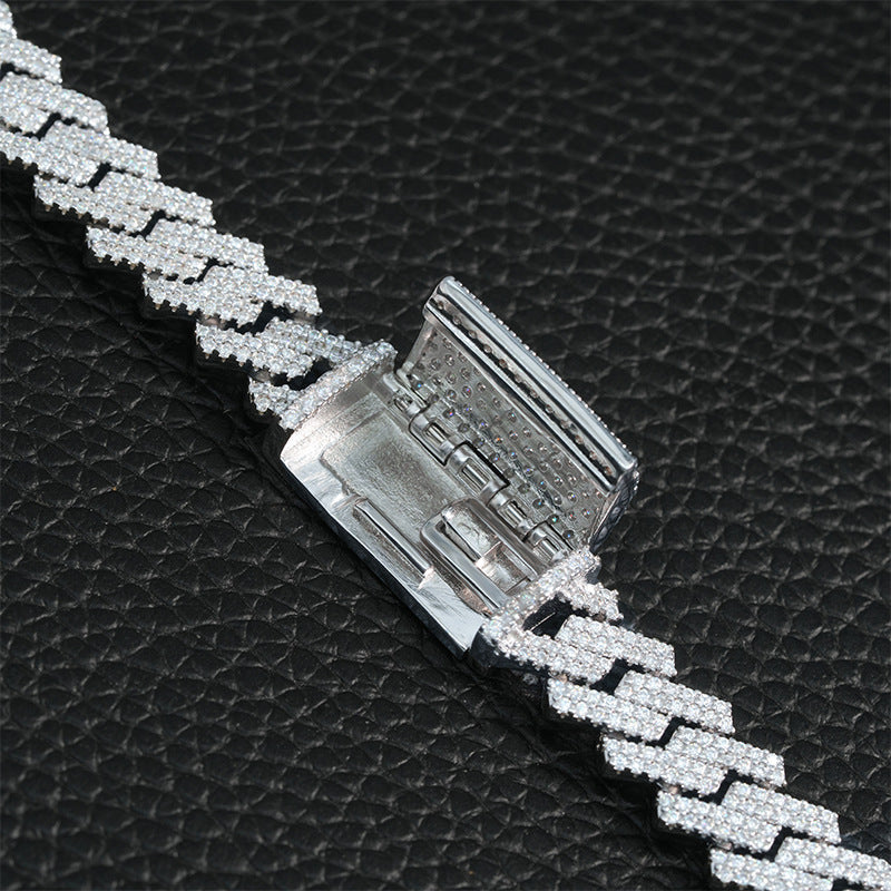 10mm Moissanite Pave Diamond-Shaped Cuban Chain (925 Silver)