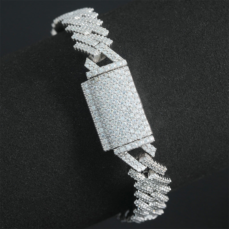 10mm Moissanite Pave Diamond-Shaped Cuban Chain (925 Silver)